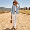 Women's Long Sleeve Denim Jacket with Lapel Collar, Beaded, Cargo Pockets and Hem