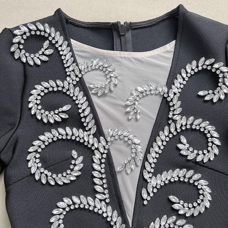 Black Red Rhinestone Long Sleeve Bandage Evening Dress