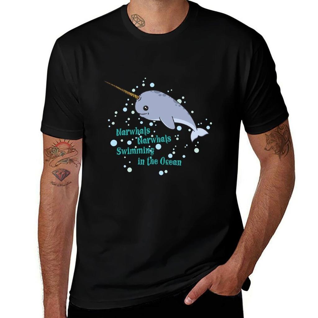 Awesome Narwhals Swimming In The Ocean T-Shirt Big Size Crew Neck T-Shirt