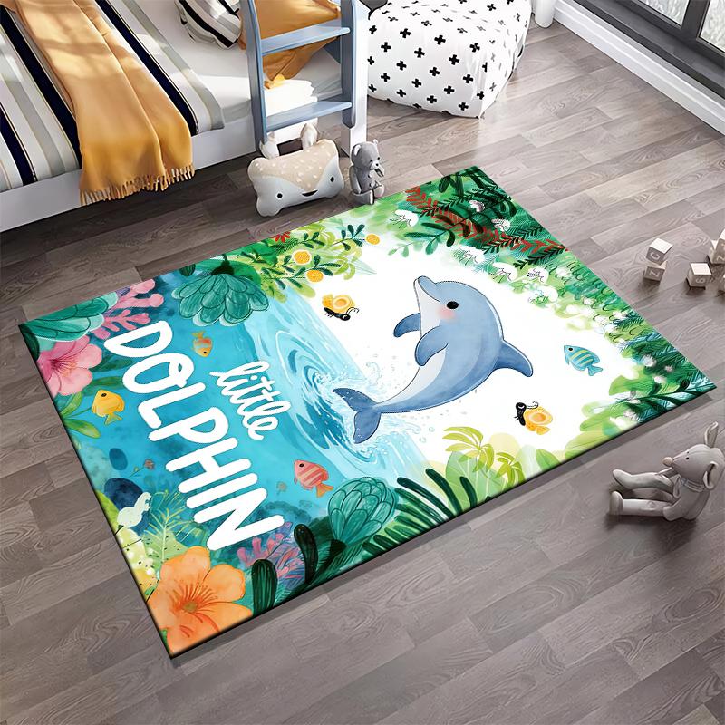 Colorful Carpet with Dolphin, Tropical Ocean Scene, Little Dolphin Text Suitable for use as an anti-slip for living room bedroom sofas