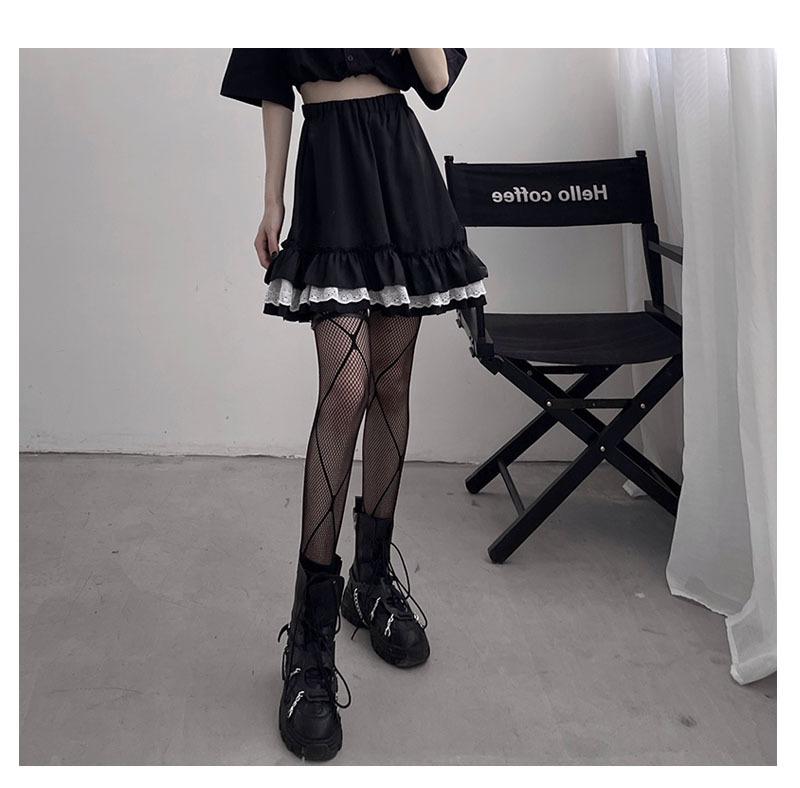 Short Skirt Dark Gothic Female Student A-line Pleated Skirt High Waist Skirt Lace