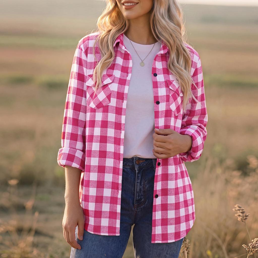 Women's Casual Plaid Long Sleeve Shirt Jacket with Lapel Collar for Everyday Wear