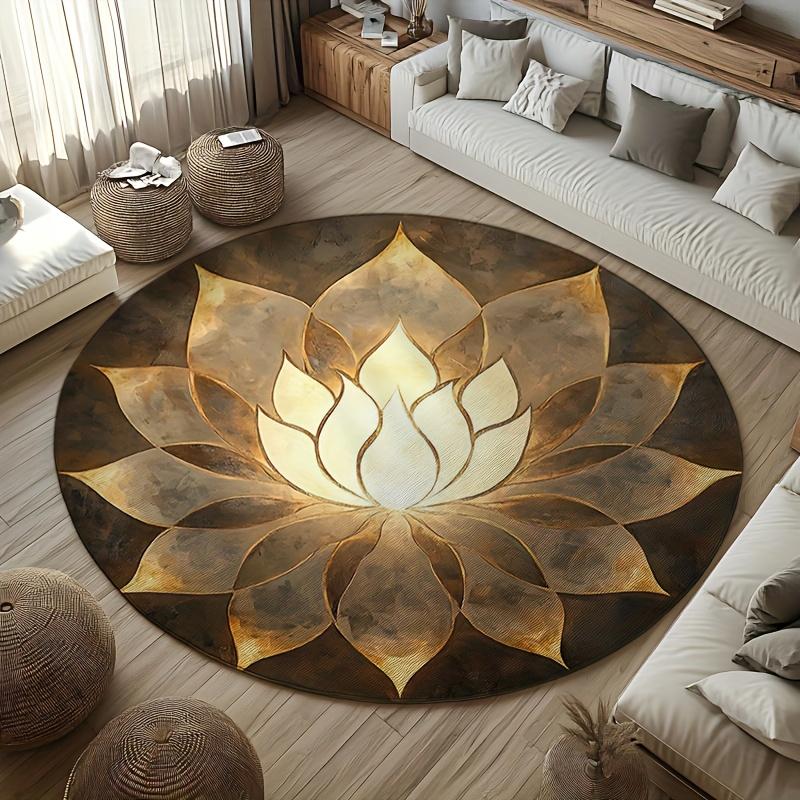 

1Pcs Golden Lotus Flower Round Rug Non-Slip Machine Washable Floor Mat 2D Flat Soft Meditation Yoga Mat for Living Room Studio Decor 60X60cm
