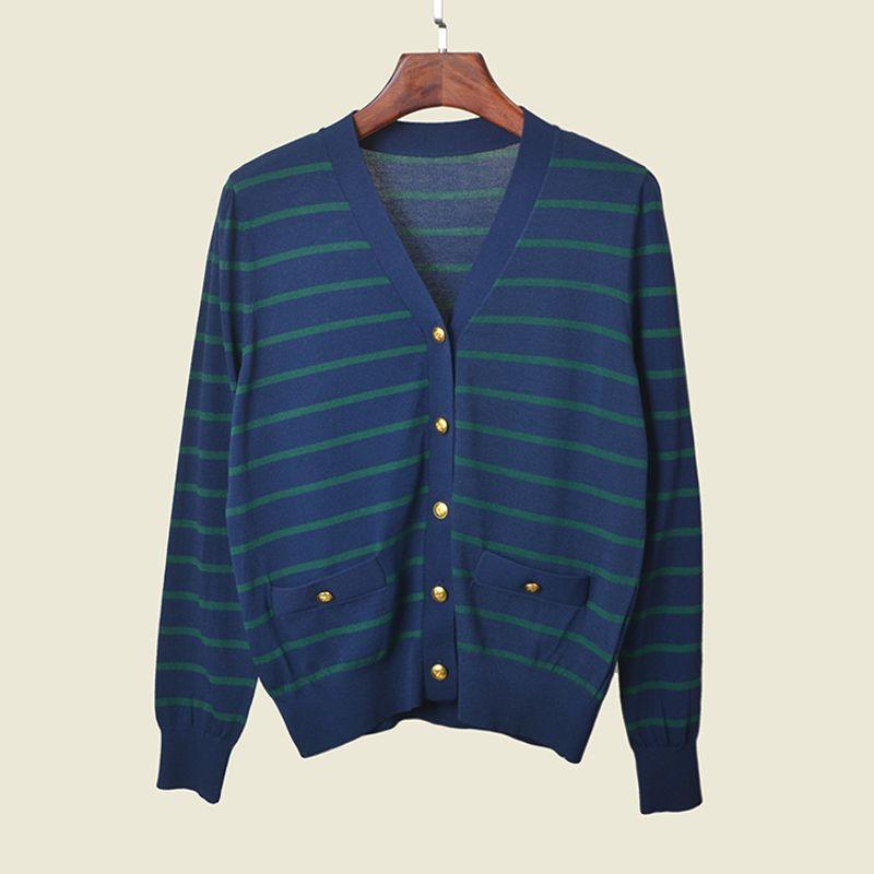 Hong Kong Style Vintage Stripe Knitwear V Neck Cardigan Long Sleeves Female 2024 New Arrival Metal Button Fashionable All-Matching Jacket