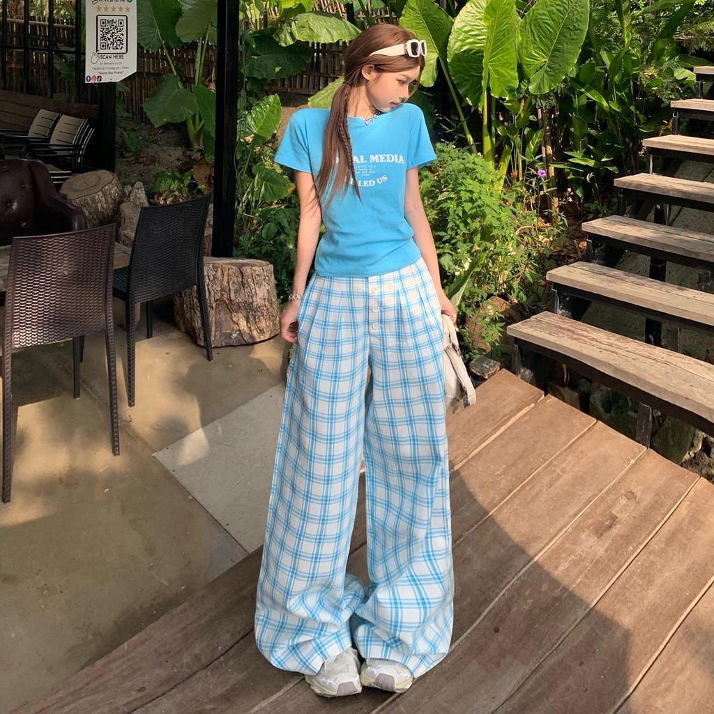 Women's Spring Plaid High-Waist Wide-Leg Pants - Casual, Loose, Floor-Length