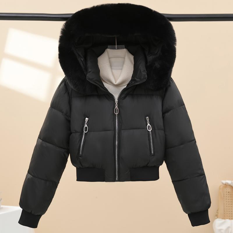 Mode Winter Damenmäntel Kapuze Kunstfellkragen Dick Warm Kurze Parkas Locker Damenjacken