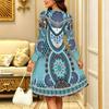 Women Long Sleeve Round Neck Midi Dress Vintage Geometric Floral Plum Blossom Stripe Dot Print Flared Casual Dress