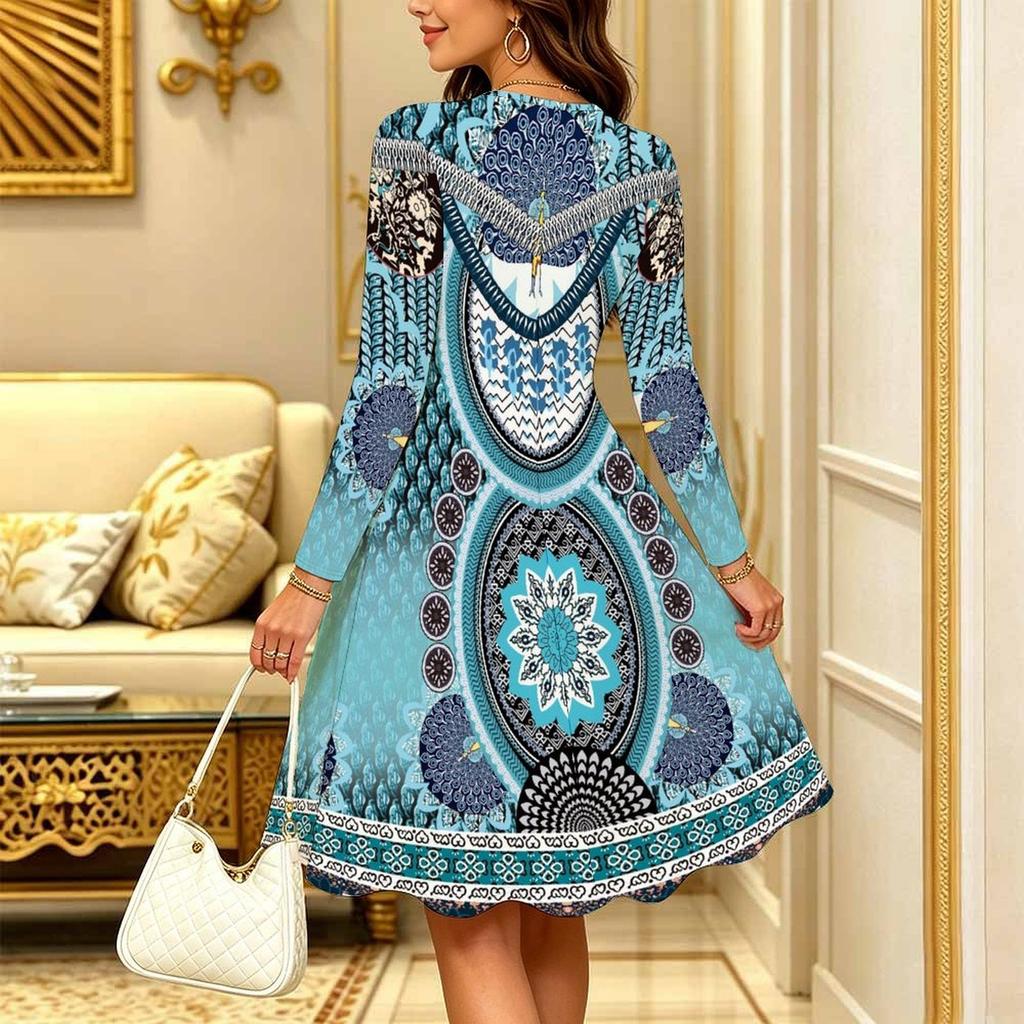 Women Long Sleeve Round Neck Midi Dress Vintage Geometric Floral Plum Blossom Stripe Dot Print Flared Casual Dress