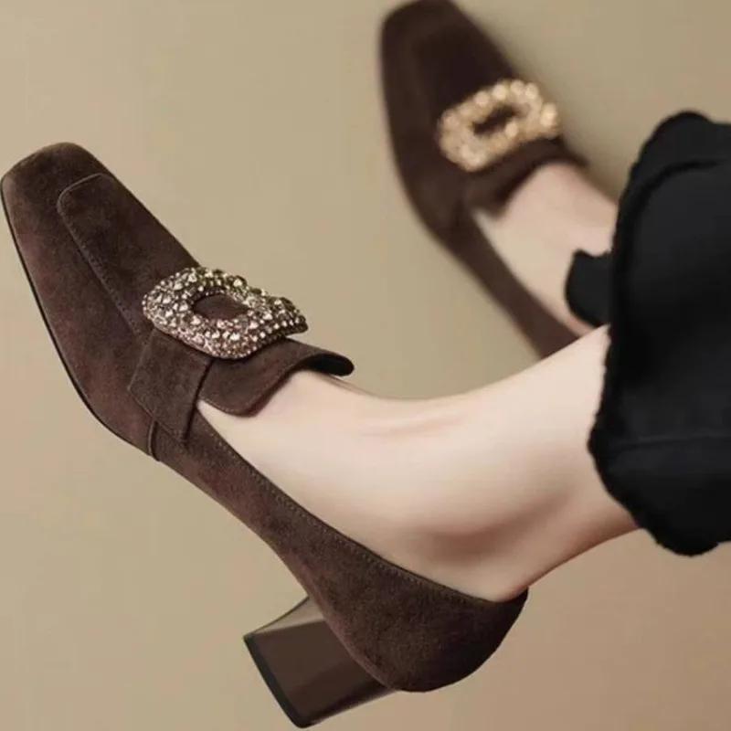 Retro square toe coarse follow-up shoes for women, matte deep mouthed rhinestone square buckle high heels with velvet for women