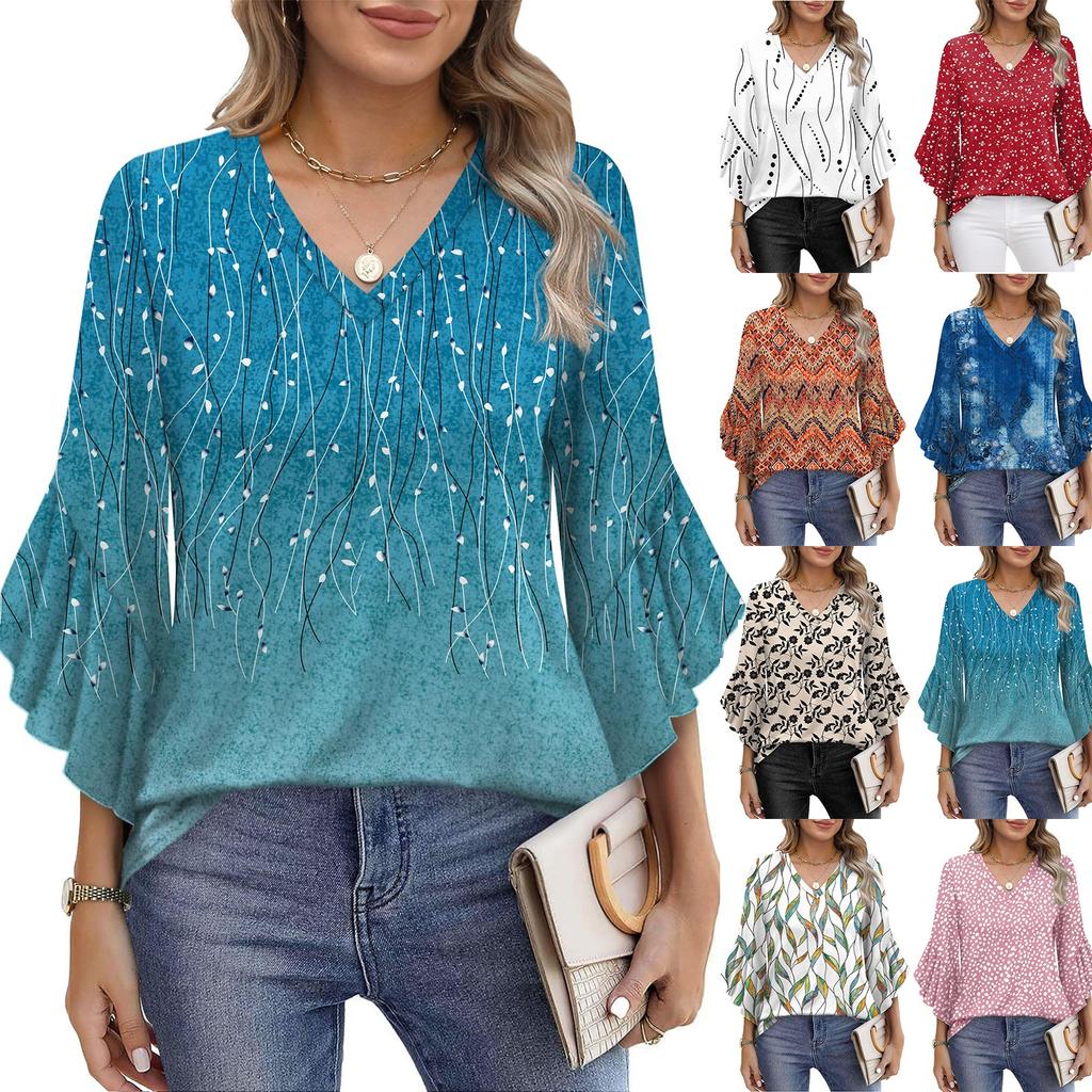 Summer Tops For Women Cute V Neck 3/4 Sleeve Blouses Floral Print Top Casual Shirts