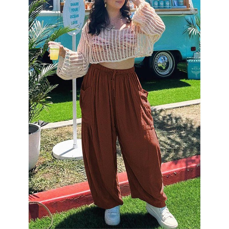 

Drawstring High Waisted Cropped Pants Drawstring High Waist Straight Ankle-Length Pants Women Coffee 3XL