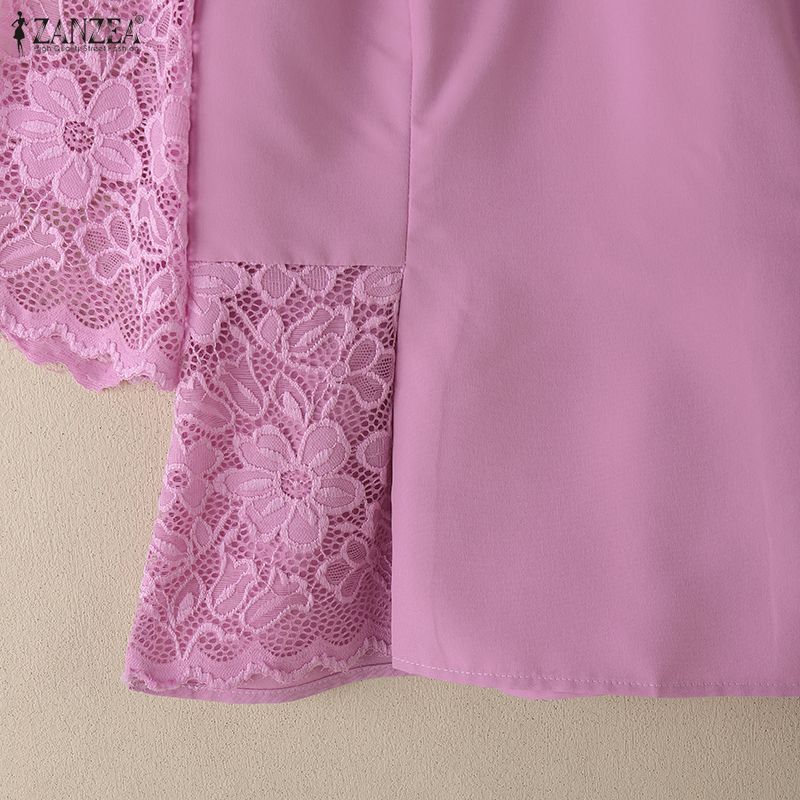 ZANZEA Women Casual Lace Crochet Splice 3/4 Sleeve Loose Blouse