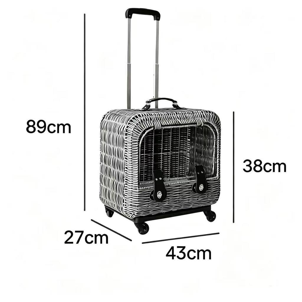 Rattan Woven Cat Ear Rolling Cat Carrier Breathable Escape-Proof Portable Large Capacity Pet Outdoor Travel Trolley for Cats New