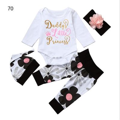 4Pcs Baby Clothes Outfit Infant Long Sleeve Romper Pants Headband Cap Suit