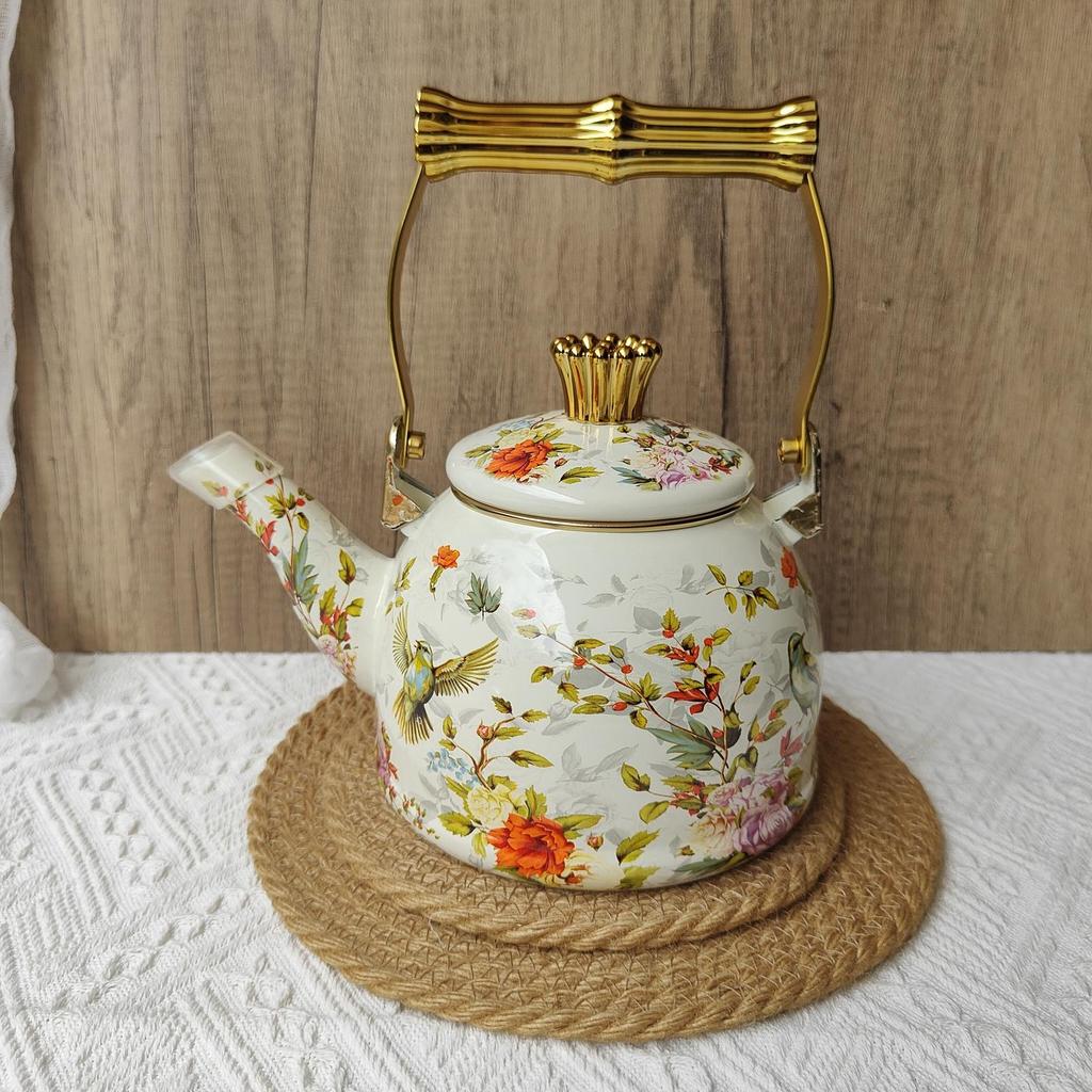 Elegant Enamel Teapot with And Floral Pattern; for Home, Office Cafe