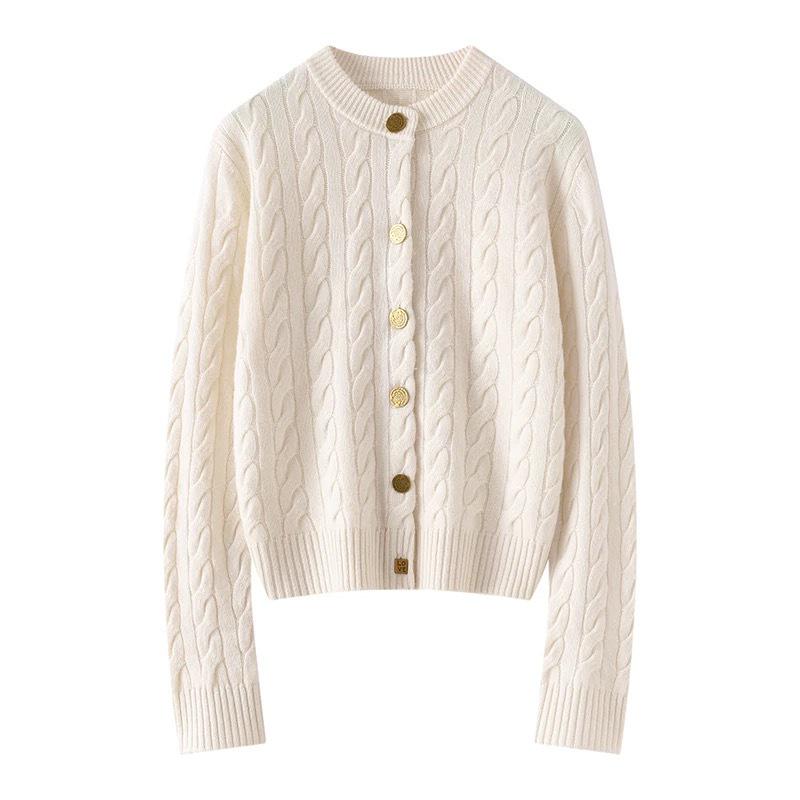 Women's Heavy Cable Knit Cashmere Cardigan - Round Neck, Long Sleeve, Autumn/Winter Style Sweater Coat