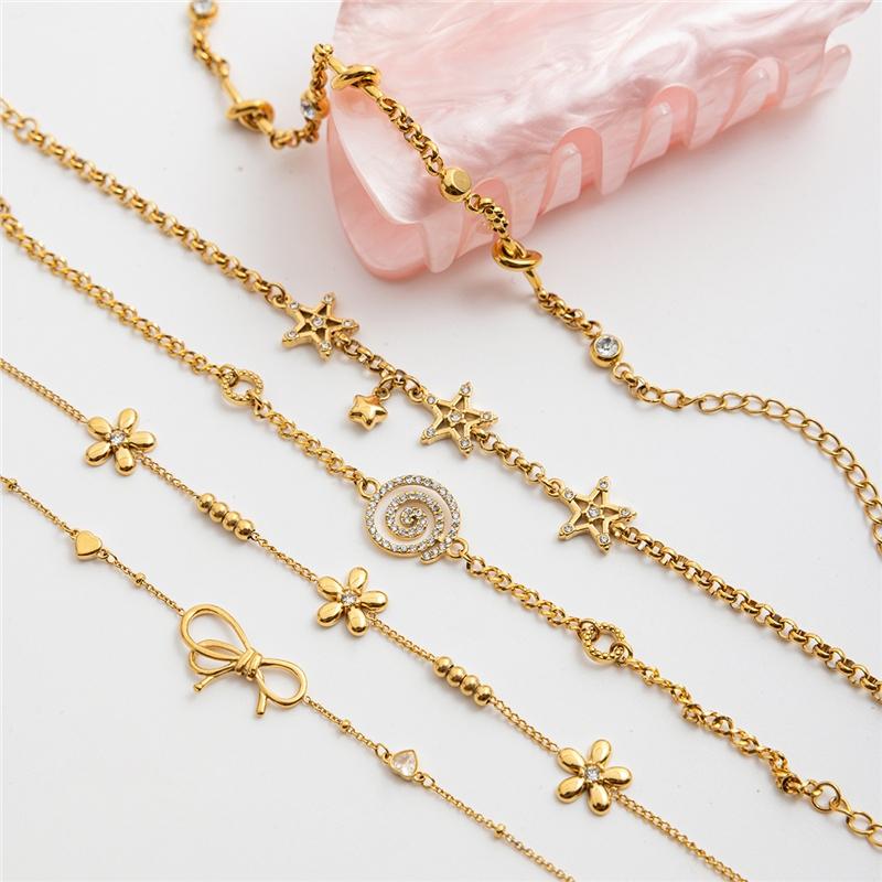 Dainty 18k Gold PVD Stainless Steel White Zircon Star Bowknot Heart Stackable Bracelet for Women Trendy Summer Jewelry