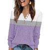 Women's Fashion V-Neck Button-Front T-Shirt With Striped Patchwork Print Long-Sleeved Top