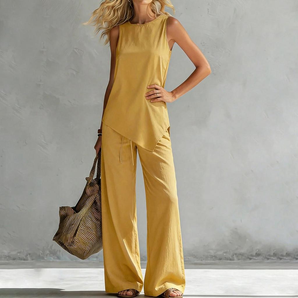 Women's Fashionable Loose Round-neck Vest With Asymmetric Hem Sleeveless Pullover Top High-waisted Wide-leg Pants Set