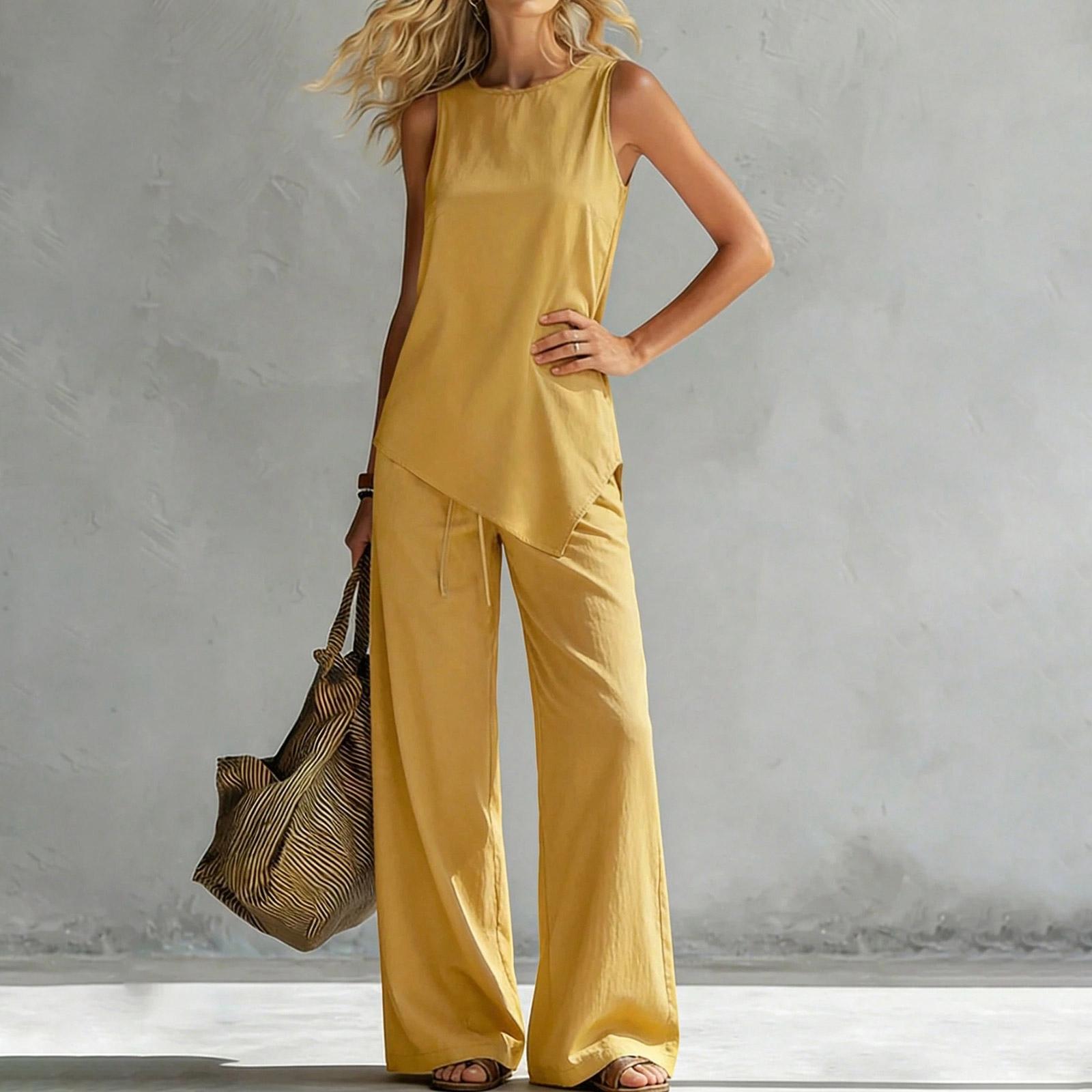 

Women s Fashionable Loose Round-neck Vest With Asymmetric Hem Sleeveless Pullover Top High-waisted Wide-leg Pants Set XL