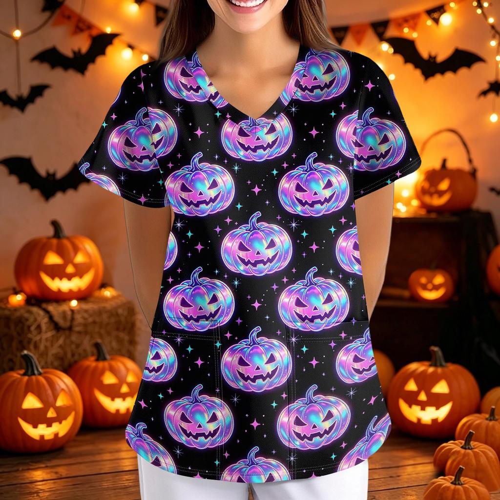 Women Halloween Printed V Neck Loose Fit Short Sleeve Scrub Top with Pockets Soft Fabric Comfortable Shirt