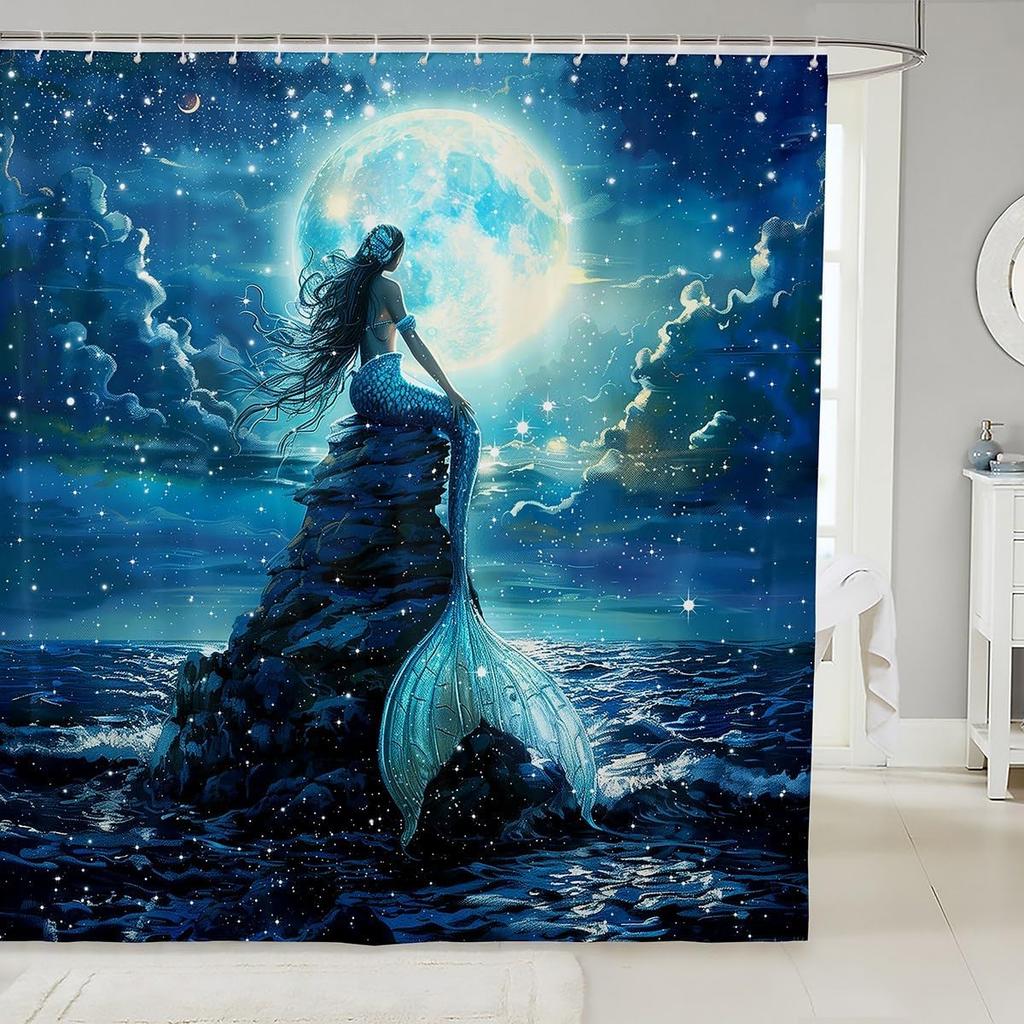 Japanese Style Moon Cherry Blossom Shower Curtain - Romantic Night Sky Scenery Bathroom Decor Women - Exotic Pink Waterproof