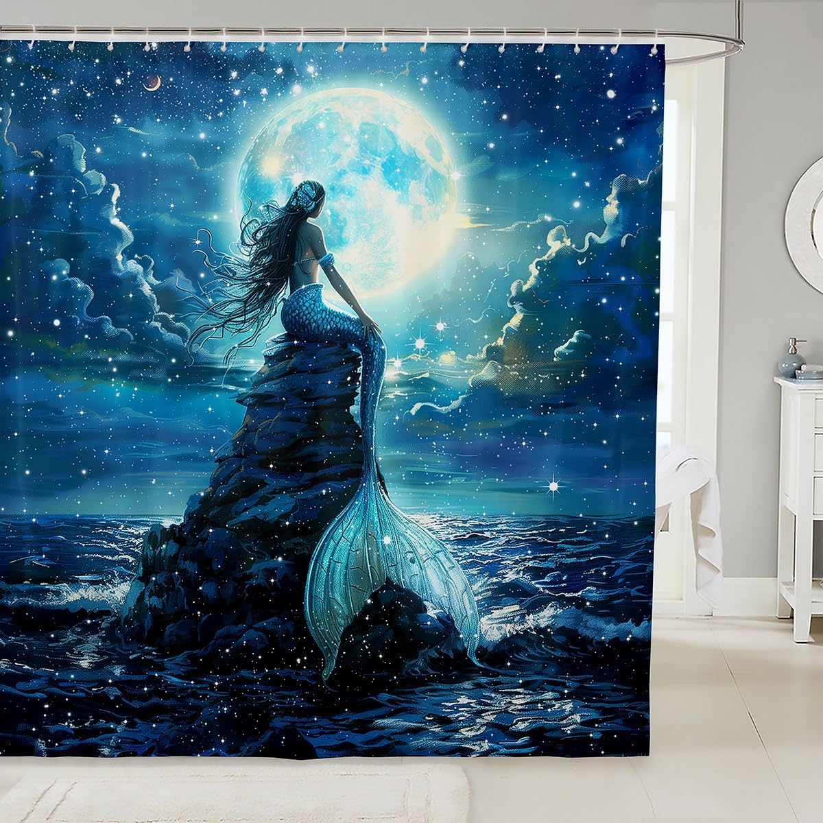 

Japanese Style Moon Cherry Blossom Shower Curtain - Romantic Night Sky Scenery Bathroom Decor Women - Exotic Pink Waterproof W60H190(CM)-1 Pcs