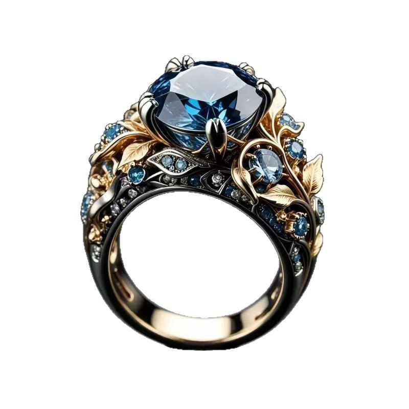 Gold Color Leaf Shaped Inlaid Blue Synthetic Zirconia Ring Suitable for Women's Banquets Engagements Jewelry Accessories Gifts