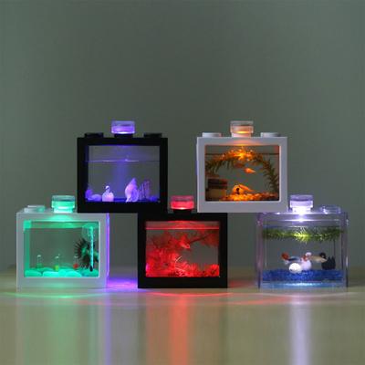 Mini Plastic Fish Tank Stackable Desktop Mini Aquarium Micro Aquatic Landscape Tank LED Light Decor Small Eco Cylinder Supplies