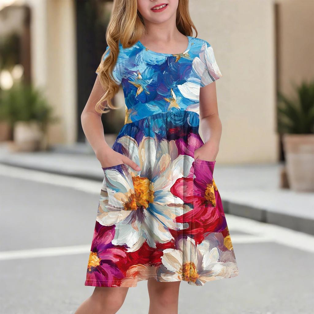 Children's Round-Neck Short-Sleeved Princess Dress Fashionable And Casual Pocket Girl Independence Day Dress