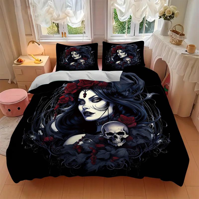 3pcs Gothic Portrait with Skull and Red Roses Bedding Set - Includes Quilt Cover and Pillowcases, Suitable for All Seasons, Machine Washable - Id