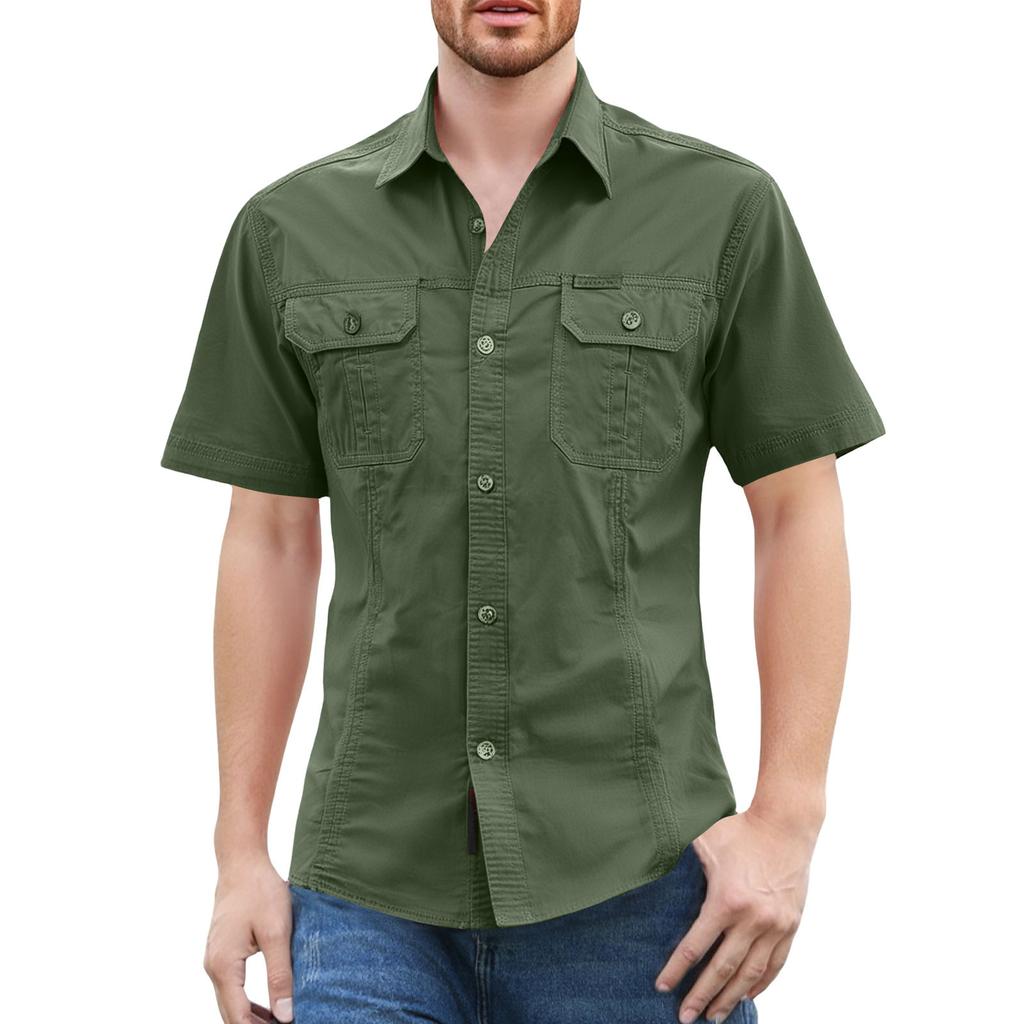 Men'S Shirt With Double Pockets Casual Short Sleeved Top Fashionable Cardigan