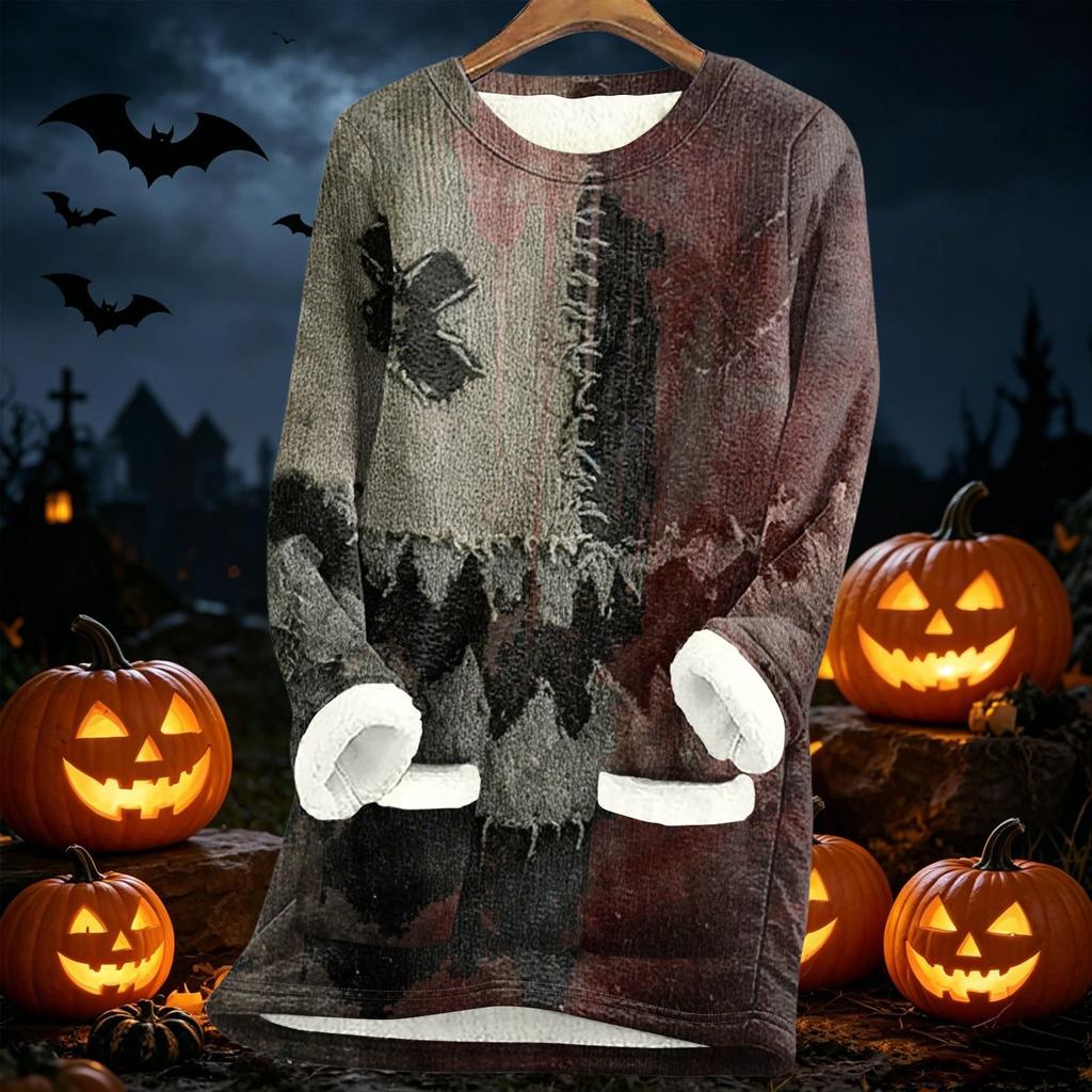 Womens Long Sleeve Fleece Lined Pullover Dress Halloween Pumpkin Print Thick Sherpa Sweatshirt Tunic for Fall Winter