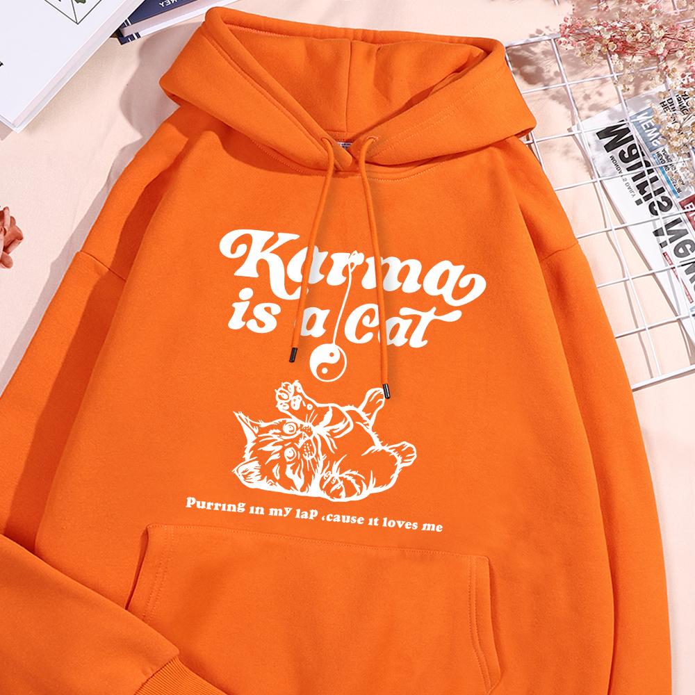 Karma Is A Cat White Sketch Printed Hoodie Female Basics Simple Sweatshirts Leisure Loose Sportwear Street Oversized Clothing