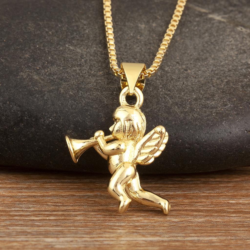 Nidin New Retro Little Angel Blowing Trumpet Shape Copper Pendant Necklace For Women Men Hip-Hop Style Clavicle Chain Jewelry