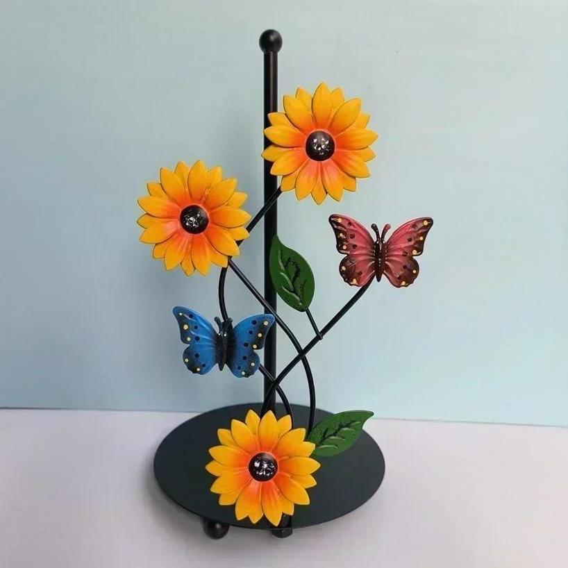 1 Stück Metallkunst Sonnenblume Küchenpapierhalter Küchen-Dekorationszubehör Zimmer Wohnzimmer Schmetterling 3D Küchenpapierhalter