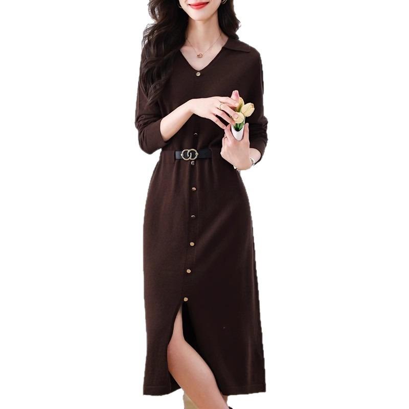 Elegant Long Knitted Dress for Women's Autumn and Winter New Slim-fitting and Thin Hem V-neck Sweater Skirt