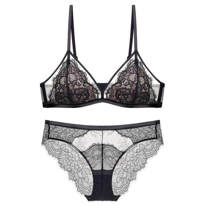 French Triangle Cup Lace Bra & Panty Set: Wire-Free, Sexy Back, Thin Style, Minimizing Large Bust.