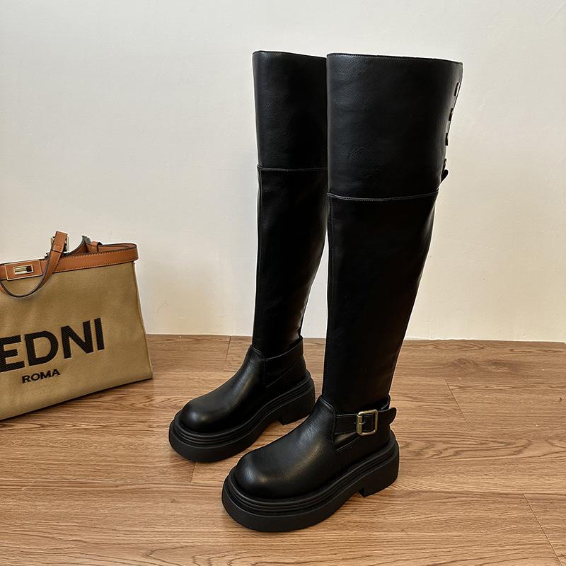 

Winter two wear thick-soled velvet knee boots 2024 belt buckle folded retro knight boots pleated pile boots women 40 чорний