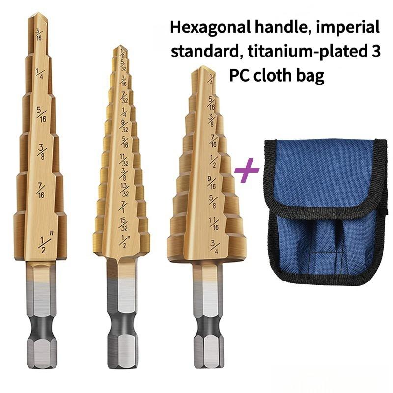 3PC Step Drill Bit Set - Metric & Imperial Sizes, Hex Shank Cone Cutter for Thin Metal & Plastic, 3 Sizes Titanium Coated