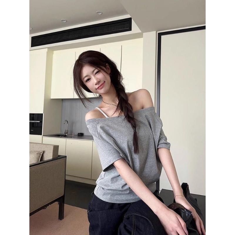 New Black One Shoulder Short Sleeve T-Shirt Women's Summer Pure Desire Loose Chic Top