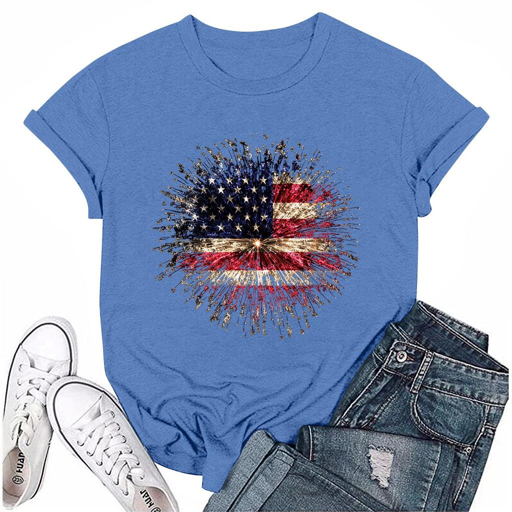 Adults Casual Daily Round Neck Independence Day Printed Short Sleeved T-shirt Letter Top