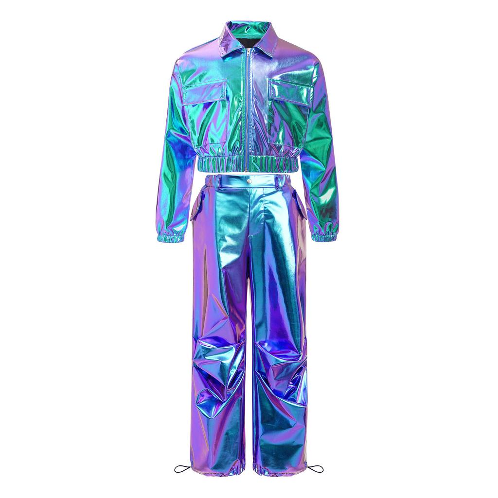 Unisex Kids Shiny Metallic Jacket Drawstring Cargo Pants Hip Hop Jazz Dance Costume Set