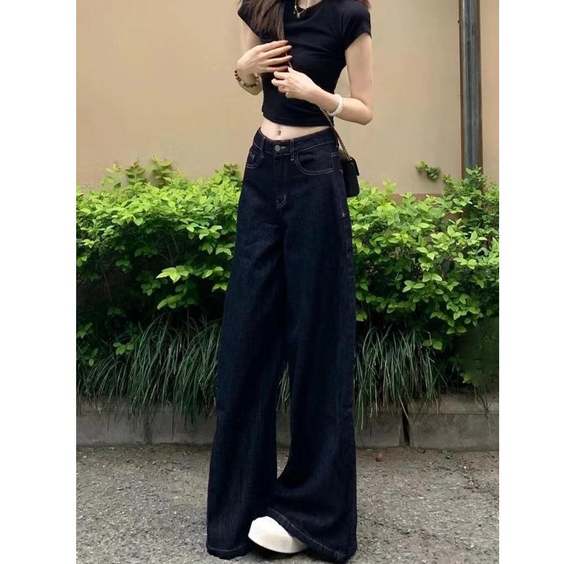 

Spicy Girl High-Waisted Wide-Leg Jeans - Dark Blue Retro Wash, Petite Fit, Loose Straight Cut, Floor-Length Extra Small темно-синього кольору