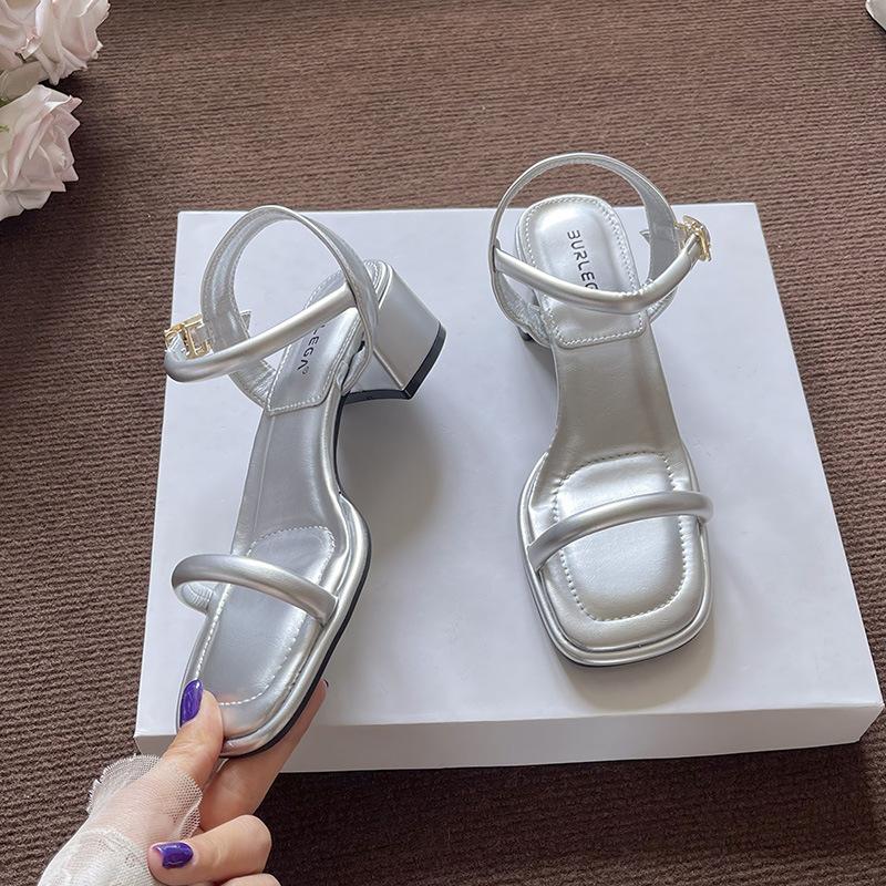 High-heeled Sandals Women's Summer New Silver Heel One-word Buckle Strap Open-toed Thick-heeled Sandals Women