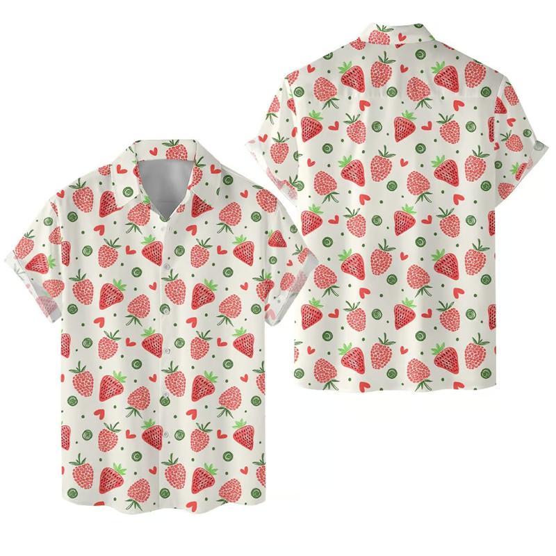 Sweet Fruit 3D Printed Men's Shirt with Strawberry Pattern, Casual and Fashionable Short-sleeved Top with Button Lapel, Street Shirt