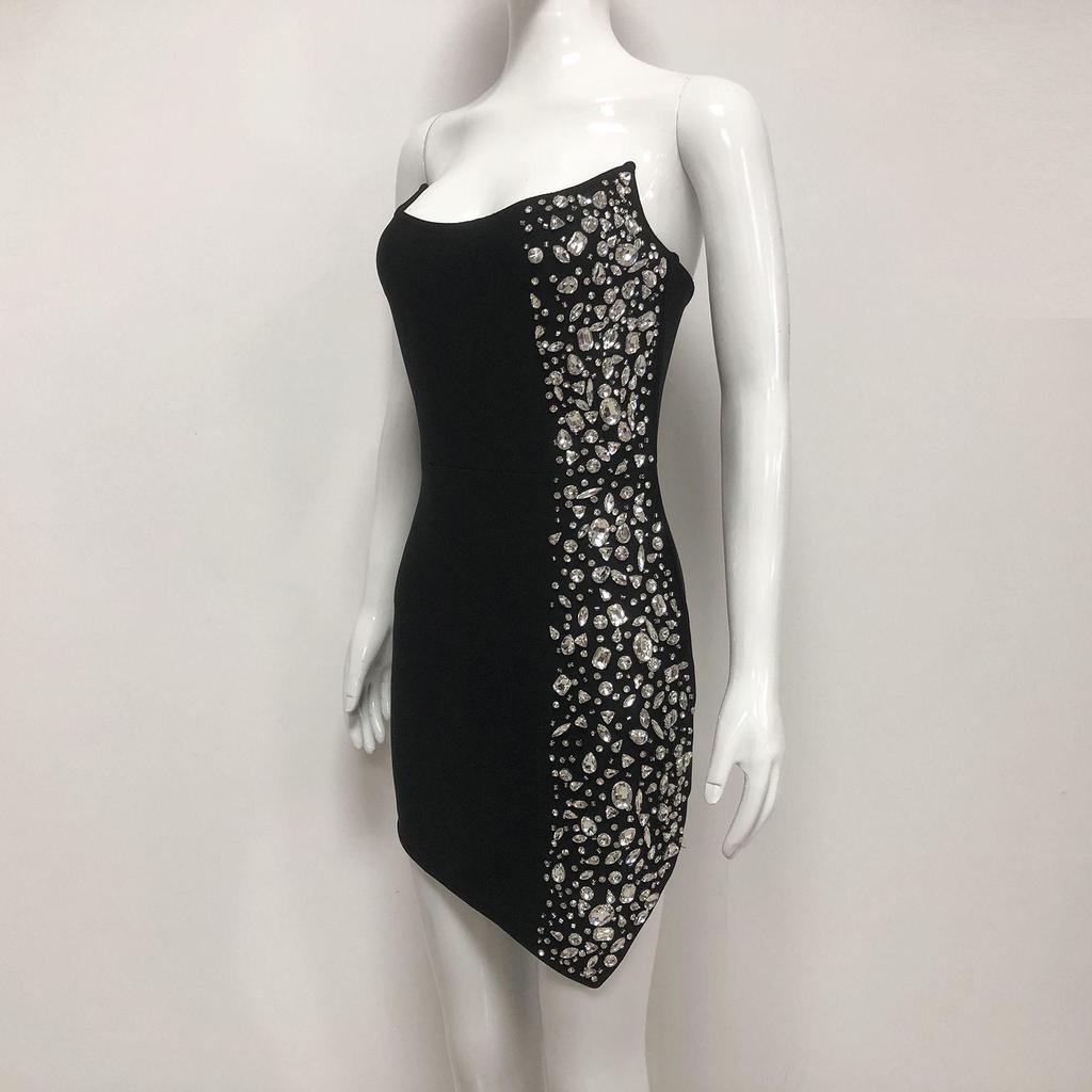 Women's Solid Color Rhinestone Sleeveless Bandage Mini Dress - New Fashion