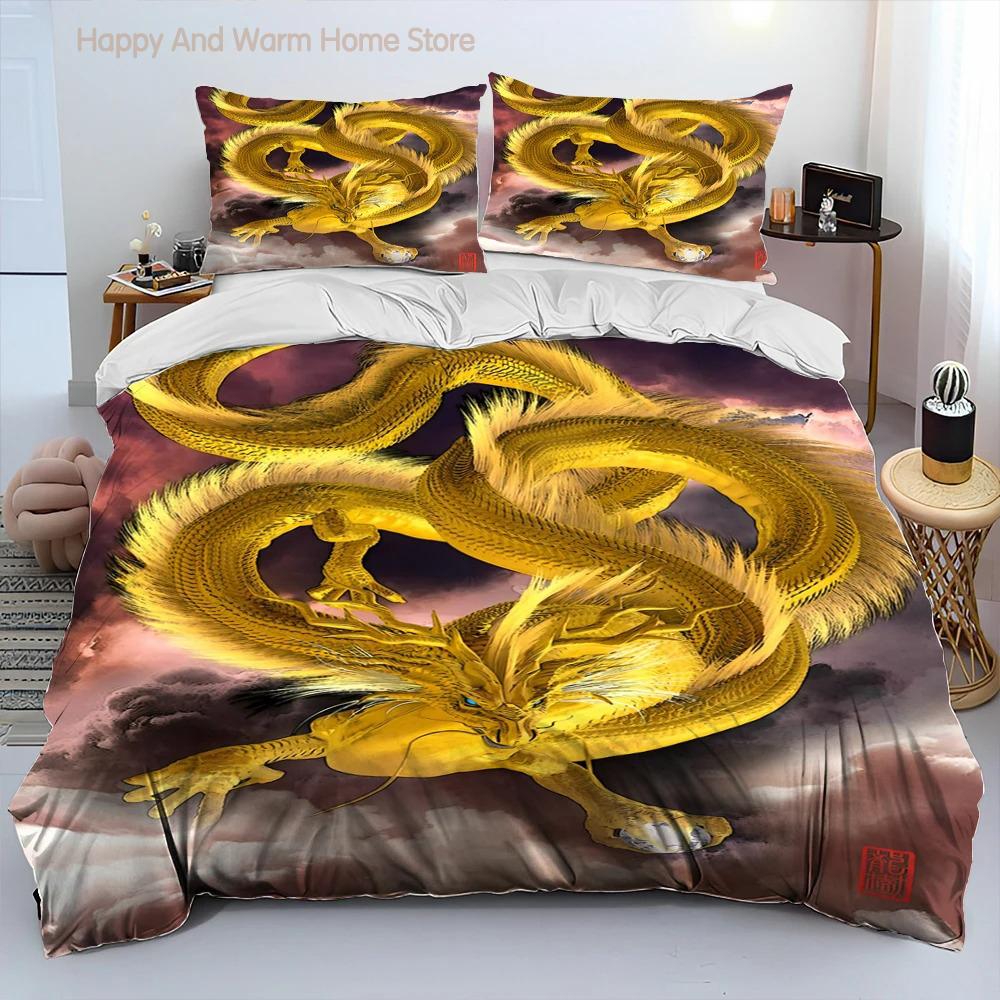 Drachen Cartoon Bettdecke Bettwäscheset, Bettbezug Bettset Steppdecke Kissenbezug, King Queen Size Bettwäscheset für Erwachsene Jungen Geschenk