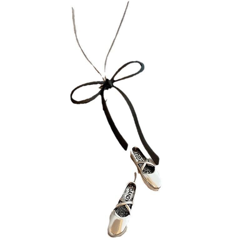 Y2K sweet ballet shoes bow fringed necklace women's niche design sense long adjustable sweater chain accessories