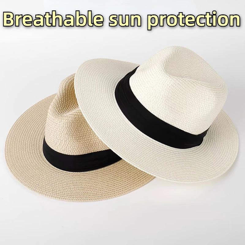 Xl Big Size 63Cm Summer Beach Woven Sun Hats Men Women Uv Sun Protection Travel Panaman Straw Hat Unisex Jazz Fedora Hat For Men